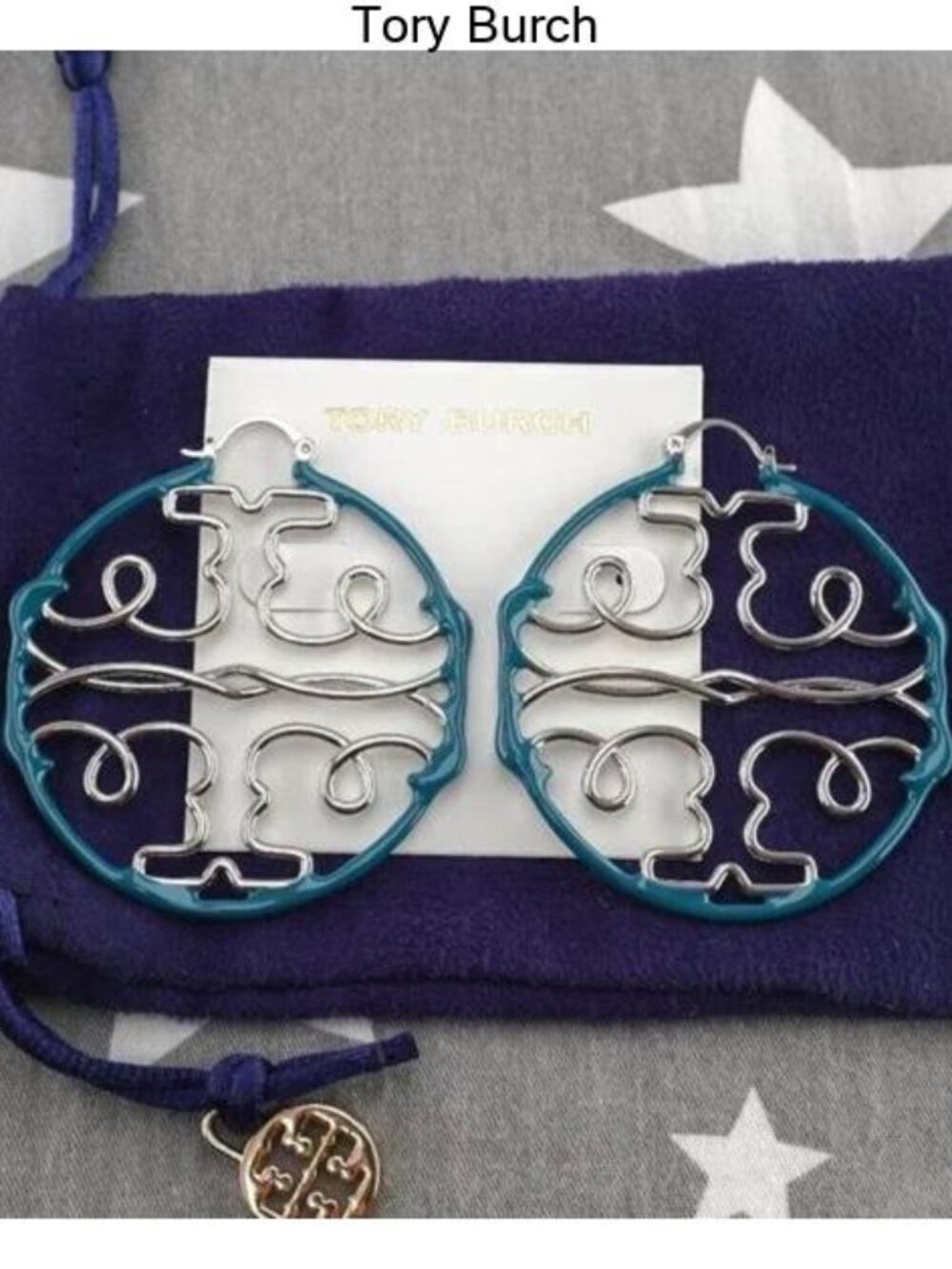 Tory Burch Teal and Silver Filigree Hoop Earrings